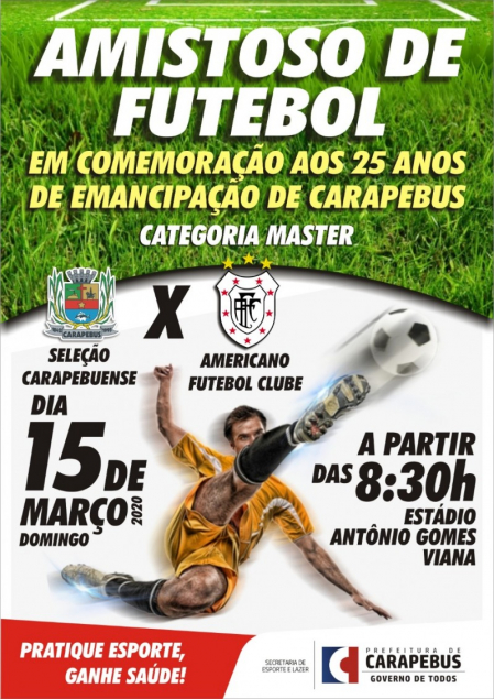 Partida acontecerá domingo (15), no estádio Antônio Gomes Viana, pela programação do aniversário carapebuense
