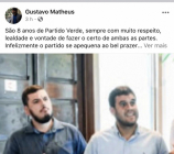 Postagem de Gustavo Matheus em rede social