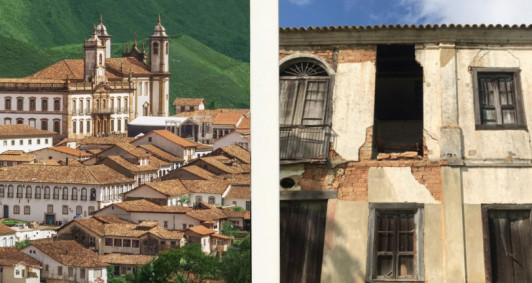 De um lado, a cidade mineira de Ouro Preto, reconhecida e preservada como patrimônio cultural da humanidade, pela UNESCO. Do outro, o Solar dos Airizes, em Campos dos Goytacazes, tombado pelo IPHAN em 1940, em ruínas. 