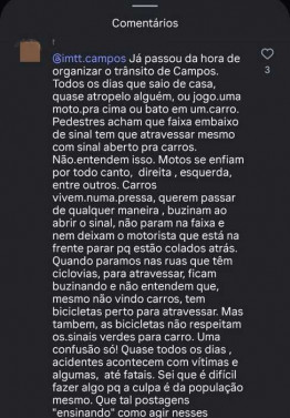 Comentário de reclamação sobre trânsito em Campos
