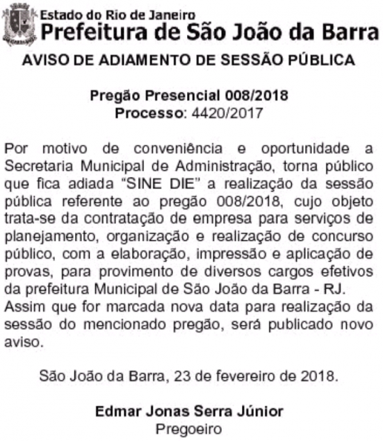 Aviso foi publicado no Diário Oficial do último sábado