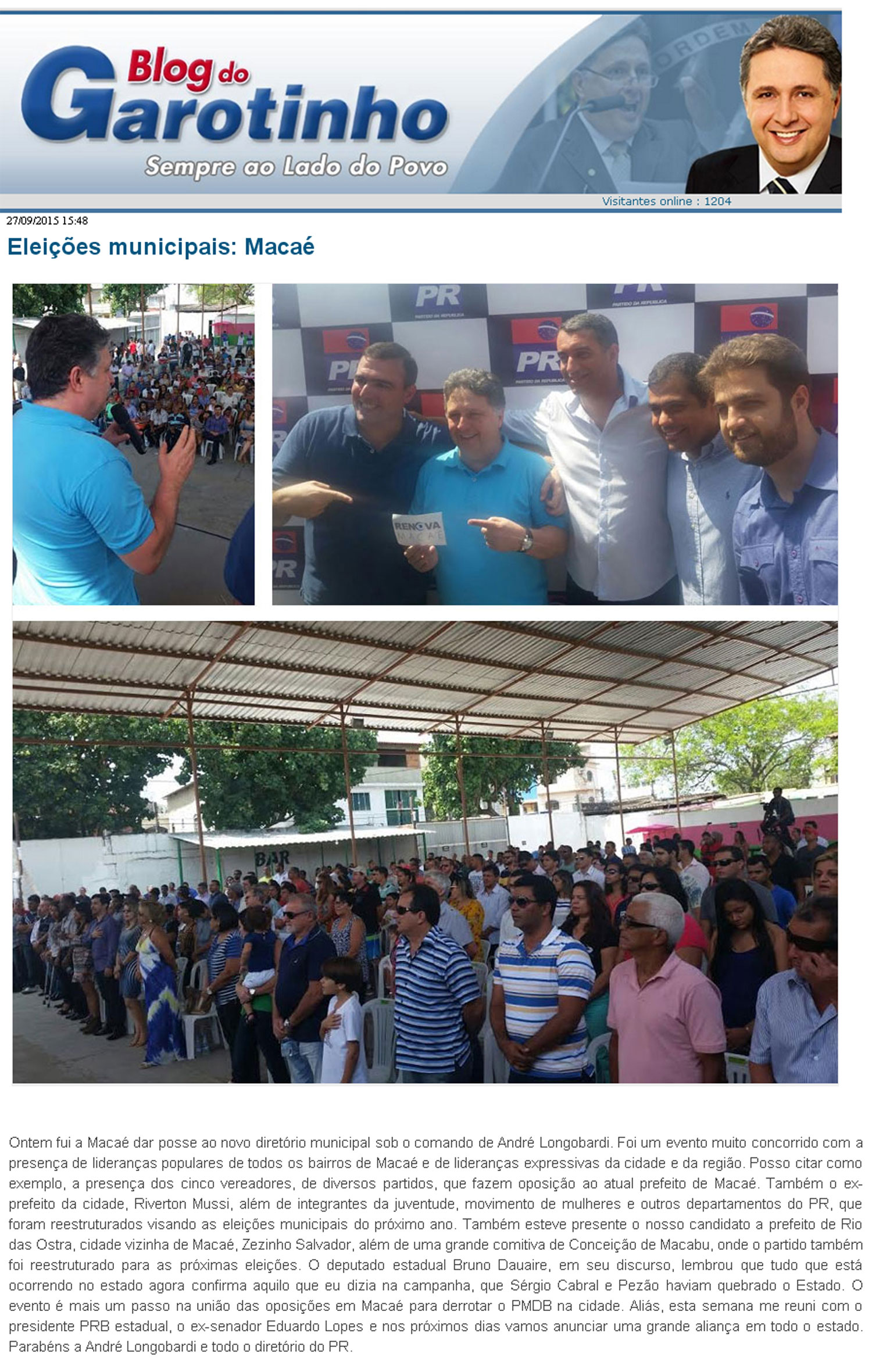 Postagem do Blog do Garotinho de 27/09/15 (reprodução)