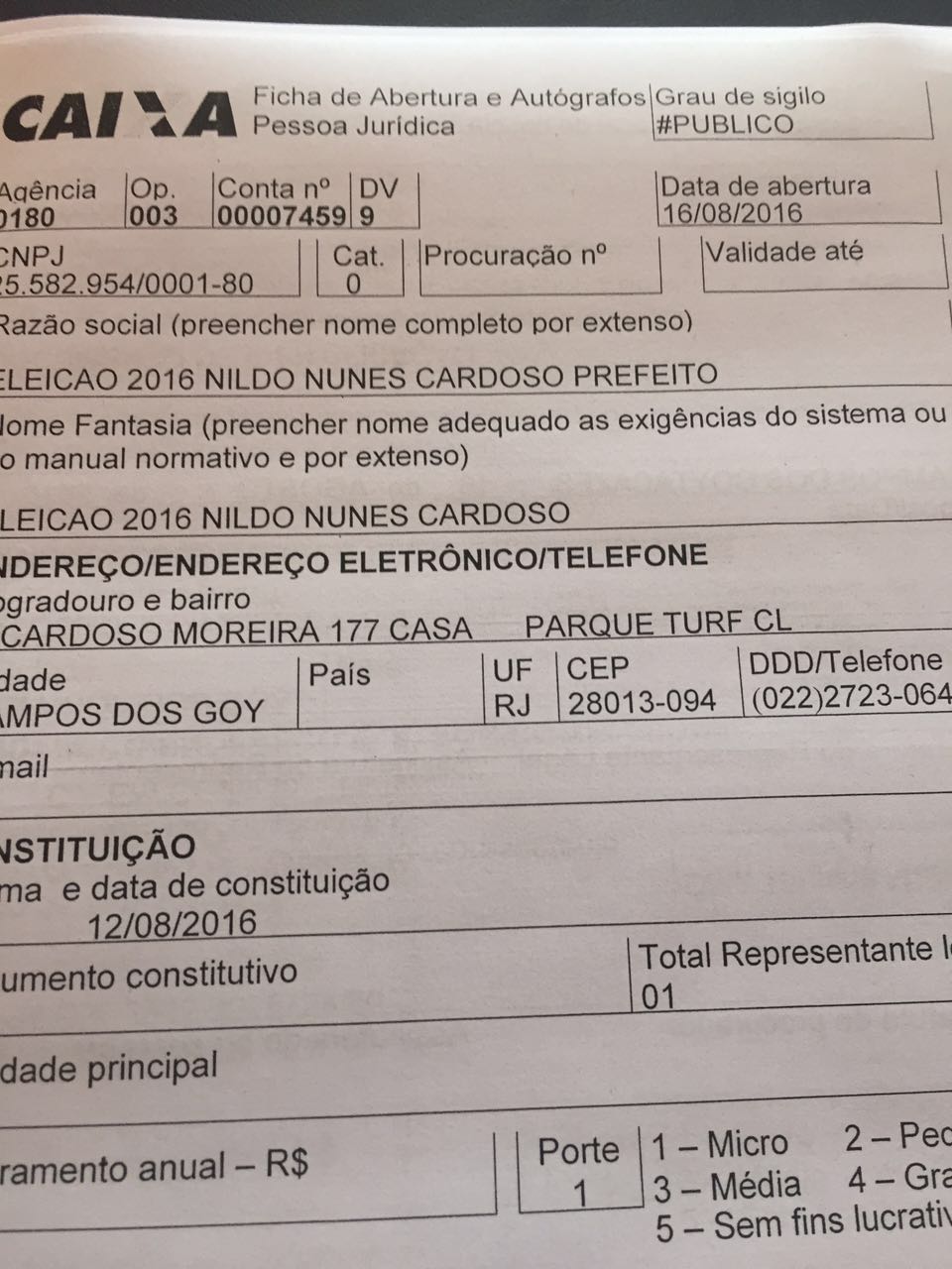 Via Wats App, o documento de abertura de conta com informação do CNPJ do candidato a prefeito Nildo Cardoso. 