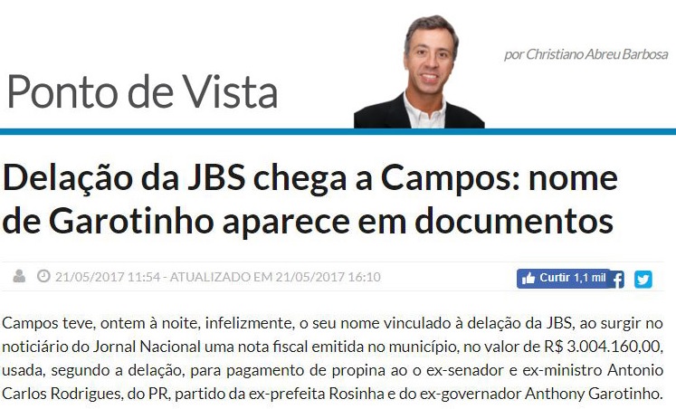 O blogueiro Christiano Abreu Barbosa repercutiu a notcia e mostrou que nota fiscal emitida pela Prefeitura de Campos tinha o nome de Anthony Garotinho 