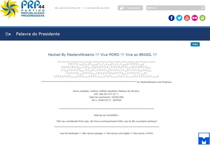 Hackers invadem site do PRP e atacam Garotinho