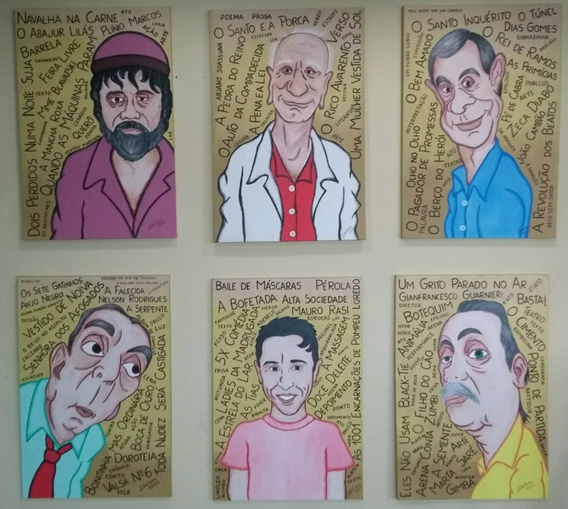 Caricaturas de Plinio Marcos, Ariano Suassuna, Dias Gomes, Nelson Rodrigues, Mauro Rasi e Gianfrancesco Guarnieri