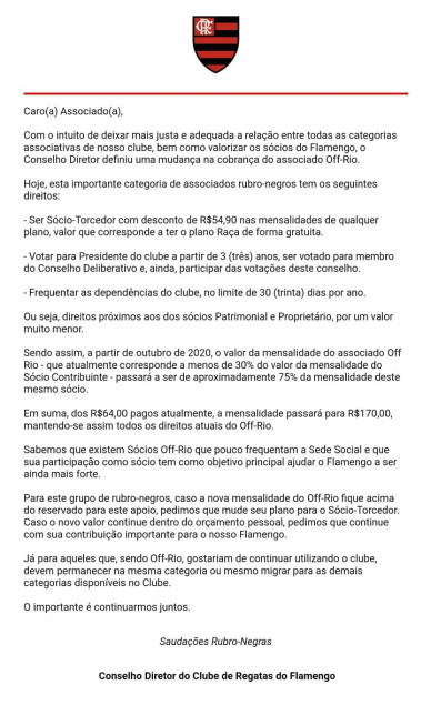 Comunicado do Flamengo sobre o Off-Rio