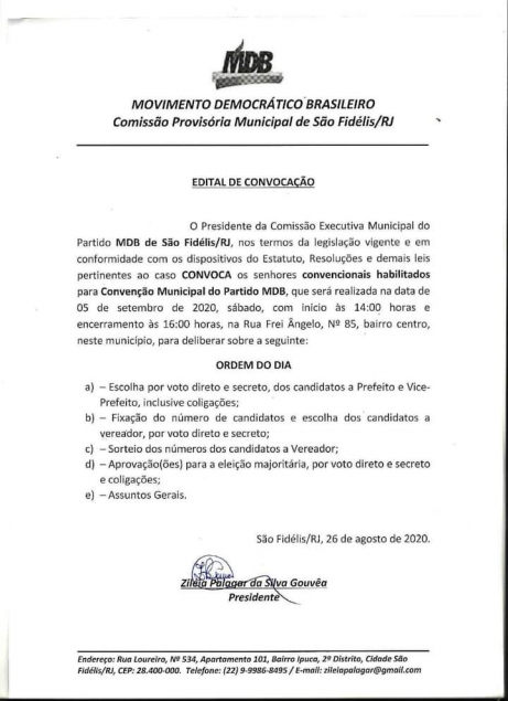 Edital de convoca��o para conven��o do MDB em S�o Fid�lis
