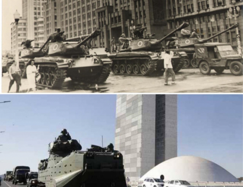 Tanques do Exército ocupam as ruas do Rio de Janeiro no golpe de 1964, iniciando o mais longo período de exceção do país e tanques e blindados na Praça dos Três Poderes nesta terça (10).