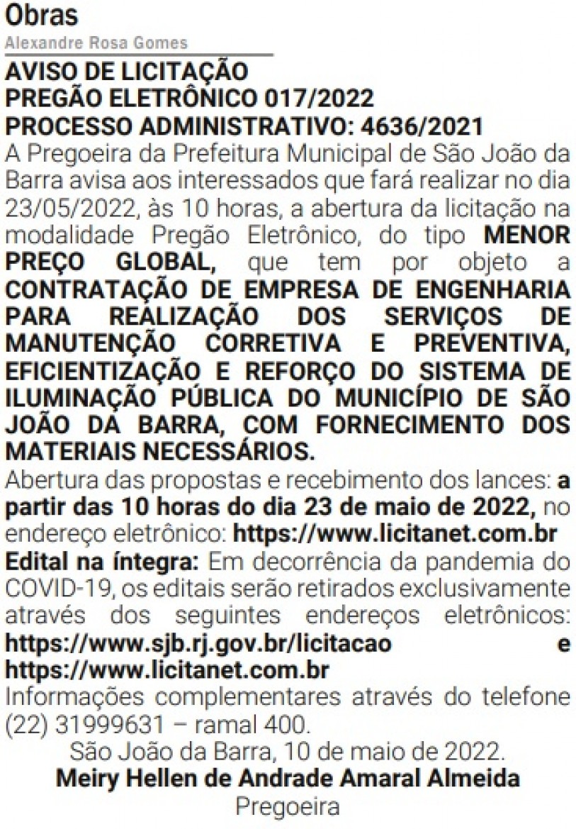Publica&ccedil;&atilde;o no Di&aacute;rio Oficial de quarta, dia 11 de maio