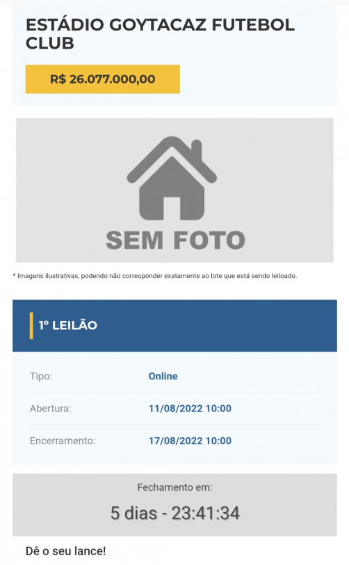 Per&iacute;odo para lances foi aberto em site