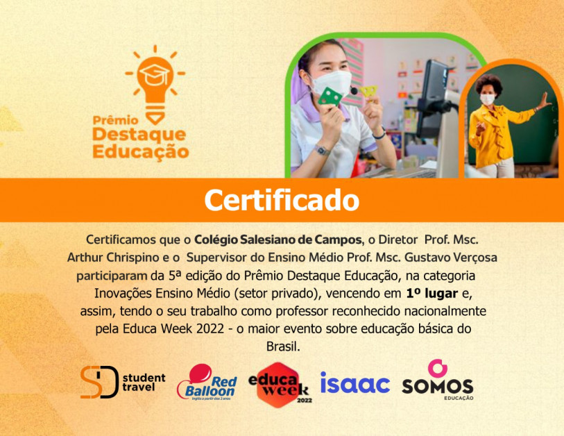Certificado do Pr&ecirc;mio Destaque Educa&ccedil;&atilde;o