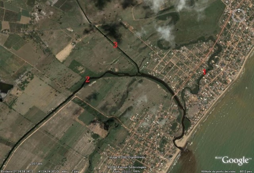Legenda: 1- rio Guaxindiba original; 2- canal Engenheiro Antonio Resende; 3- canal Guaxindiba