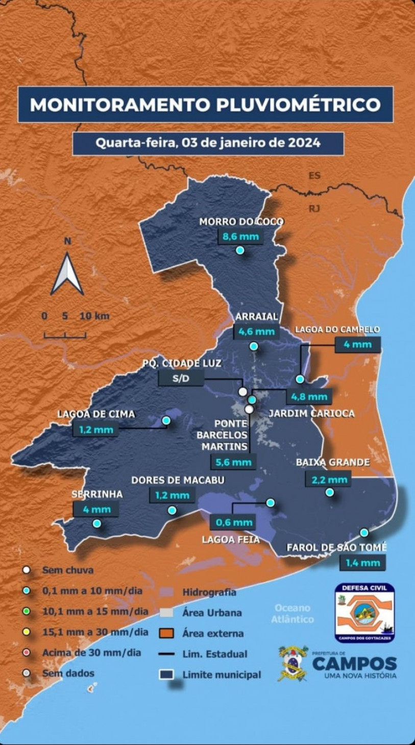 Monitoramento pluviom&eacute;trico dessa quarta-feira (3), realizado pela Defesa Civil de Campos 