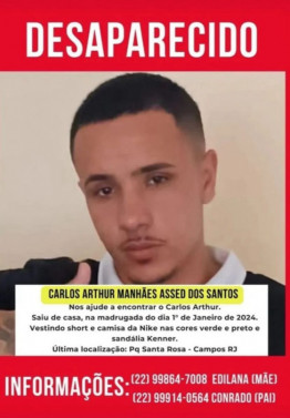 Descrições e contatos para informações sobre Carlos Arthur, jovem de 20 anos desaparecido