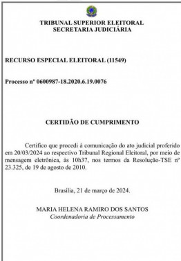 TSE emite comunicado ao TRE sobre decisão