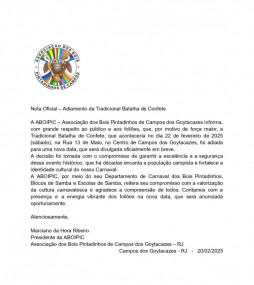 Nota oficial da Aboipic sobre a baixa no Carnaval