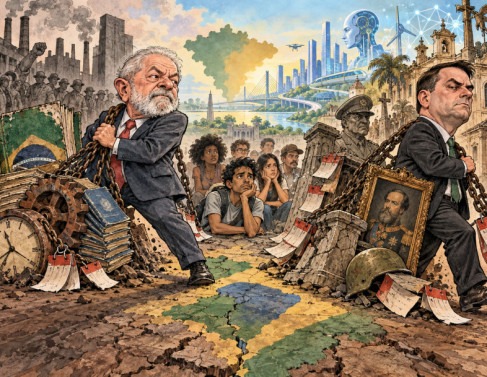 Lula tenta preservar um modelo que envelheceu. Fl&aacute;vio promete restaurar uma ordem que j&aacute; deveria ter ficado para tr&aacute;s. E o Brasil continua &agrave; espera do futuro.