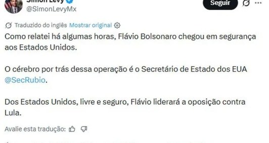 Post de Sim&oacute;n Levy sobre fuga de Fl&aacute;vio Bolsonaro aos Estados Unidos