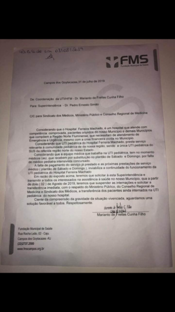 Ofício Coordenação UTI/HFM